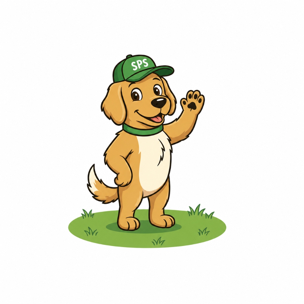 Spotless mascot dog waving