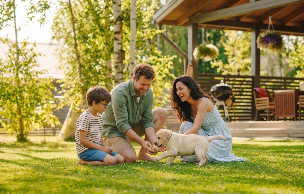 Family playing with dog on a lush, clean backyard lawn