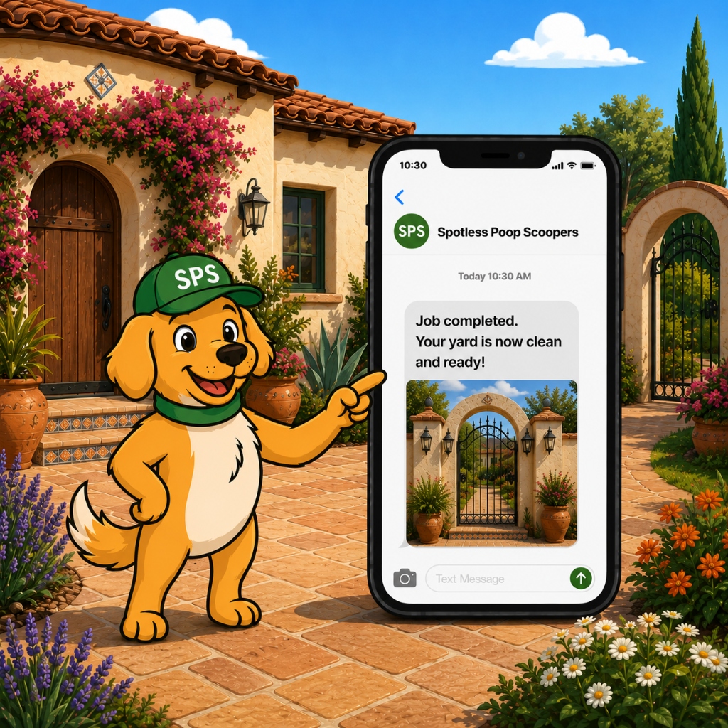 Mascot dog pointing to a phone displaying a job completion text message and a photo of a locked gate