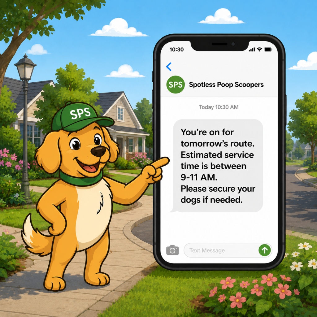 Mascot dog pointing to a phone displaying a day-before reminder text message