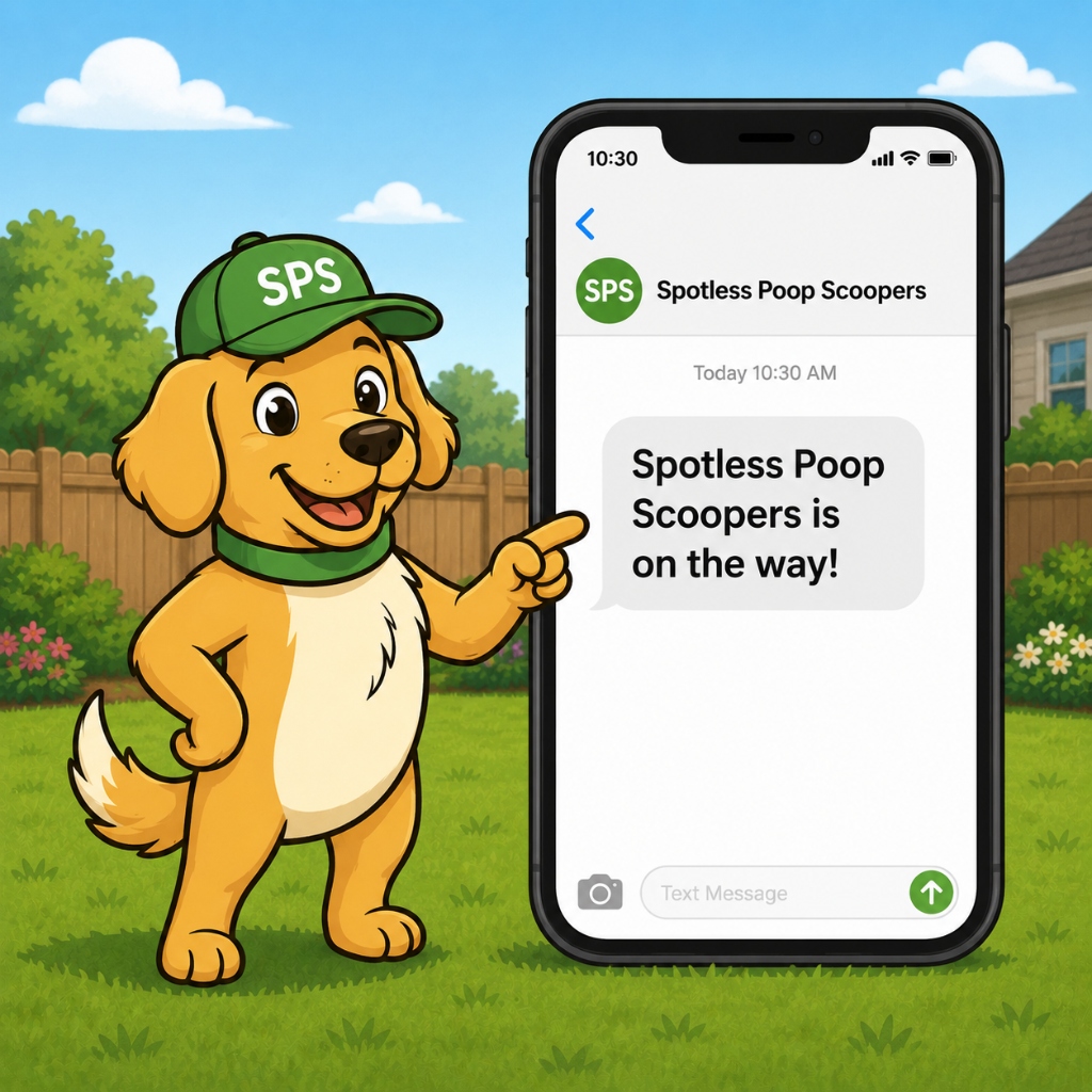 Mascot dog pointing to a phone displaying an on-the-way text notification