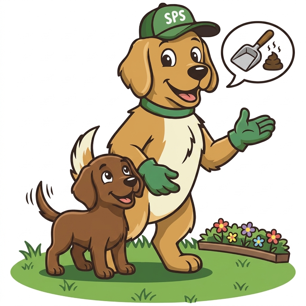 Spotless mascot dog telling another dog about the poop scooping service in a clean backyard